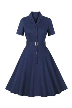 Zapaka Women Navy 1950s Dress Short Sleeves Button Swing Retro Dress – ZAPAKA 19s Outfits Women, Navy Blue Vintage Dress, 1940s Formal Fashion, Dark Academia Librarian Outfits, Vintage Dresses 50s 1950s Fashion Classy, 1950 Outfits Women, 1950s Fashion Women Outfits, 1950s Outfits Women, Vintage Outfits 50s Dress