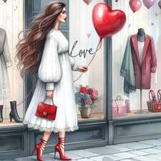 a woman holding a red heart balloon while standing in front of a storefront window