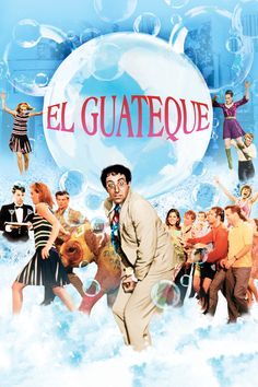 the party movie poster with many people and bubbles in the air behind them, including a man