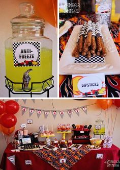 an assortment of desserts and snacks are displayed on the table at this birthday party