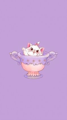 a white cat sitting in a blue bowl on top of a purple background with the words,