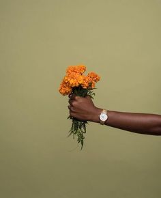 a person holding flowers in their hand with a watch on the wrist, against a green background