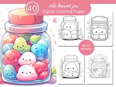 a jar filled with lots of different colored candies next to a coloring book page