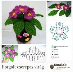 crocheted flowers and leaves in a vase with the words, horgol cerps virgg