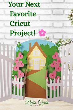 a card with the words your next favorite cricut project in front of a picket fence