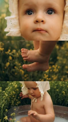 a baby in a bonnet is sitting in the grass and looking up at the camera