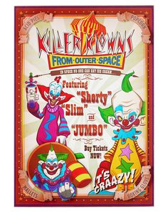 the poster for killertown from outer space featuring clowns and an evil man in red