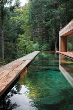 an outdoor swimming pool surrounded by trees in the middle of a forest with water running through it