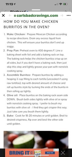 the recipe for how do you make chicken burritos in the oven? on an iphone