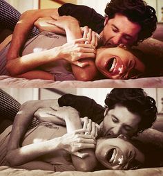 two pictures of a man and woman in bed one is biting the other's neck