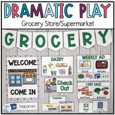 a poster with words and pictures on it that says dramatic play grocery store / supermarket