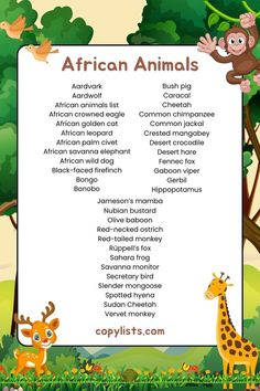 a list of animals of Africa with a cartoon background showing a monkey, bird, deer and giraffe. African Crowned Eagle, Crowned Eagle, Gaboon Viper, Animals Of Africa, Vervet Monkey, Golden Cat