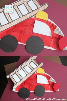 the paper firetruck is cut out to look like it's made from construction paper