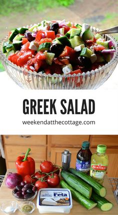 greek salad with cucumbers, tomatoes, and olives in a glass bowl