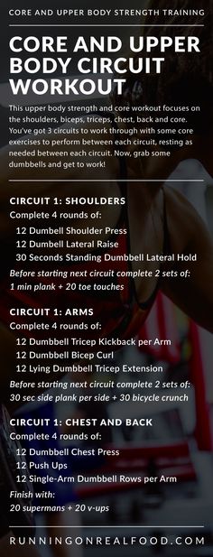 the core and upper body circuit workout plan is shown with instructions for how to do it