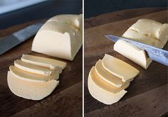 there are two pictures of cheese being cut up on the cutting board with a knife