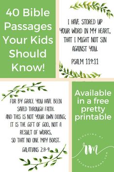 four bible cards with green leaves and the words, 40 bible passages your kids should know