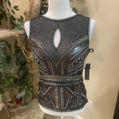 Never Worn. Sequin And Mesh Top. Size 8 Elegant Bedazzled Tops For Evening, Bedazzled Fitted Tops For Party, Fitted Bedazzled Tops For Party, Bedazzled Fitted Top For Night Out, Rhinestone Tank Top, Sequins Top, Feather Tops, Stage Outfit, Asymmetrical Blouse