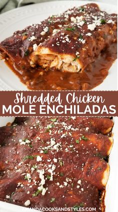 shredded chicken enchiladas on a white plate