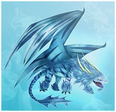 a blue and white dragon is flying in the air with it's wings spread