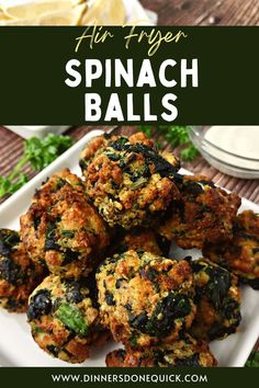 spinach balls on a plate with text overlay