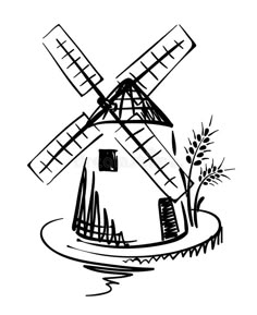 a black and white drawing of a windmill