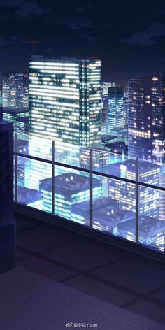 the city is lit up at night and it looks like they are looking out over the water