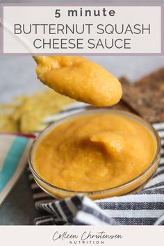 a spoon full of butternut squash cheese sauce with the title overlay reading 5 minute butternut squash cheese sauce