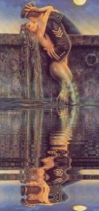 a painting of a woman sitting on a wall next to a body of water with the moon in the background