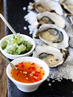 oysters on the half shell with dipping sauce