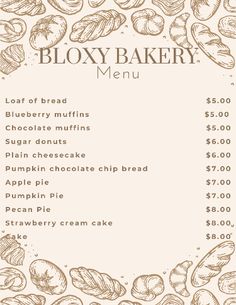 a menu for a bakery with nuts and breads on it's side, in brown