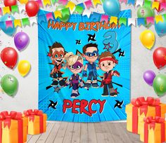 a birthday party scene with balloons and streamers in the shape of cartoon characters on a blue background