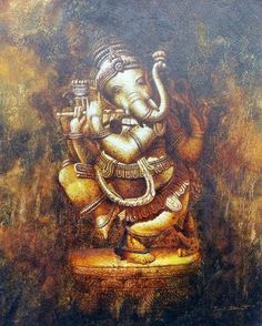 a painting of an elephant god with his trunk in the air, sitting on a stool