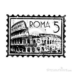 an old stamp with the word roma in roman numerals and collaged to it