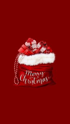 a red christmas hat with presents on it's top and the words merry christmas written in