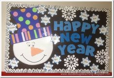 a happy new year card with a snowman wearing a hat and scarf on it