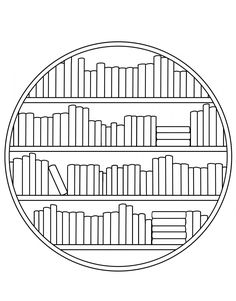 a black and white image of bookshelves in a circle with no one inside