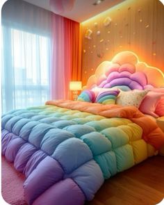 a rainbow colored bed with pillows and blankets