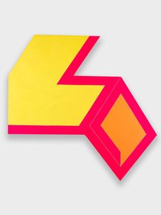 an abstract piece of art that looks like a red arrow with yellow and pink stripes