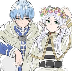 two anime characters one with blue hair and the other wearing an orange flowered crown