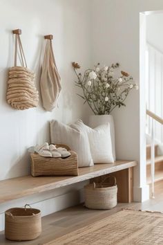 Foyer Furniture - Smart & Stylish Functional Entryway Ideas Island Bench Decor, Coastal Entryway Bench Ideas, Beach Entryway Ideas, Modern Boho Entryway Table, Entranceway Bench Ideas, Calm Entryway, Entryway Ideas Functional, Front Entry Room Ideas, Modern Minimalist Entryway