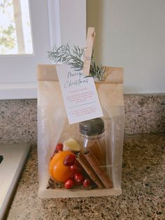 a bag full of food sitting on top of a counter