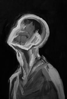 a black and white painting of a person with a hood on, looking at something in the distance