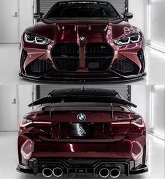 the front and back view of a red sports car