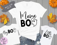 Halloween Mommy and Me Shirts, Mama Little Big Boo Ghost Shirts, Boy Girl Toddler Baby Fall Outfits, Ghost Shirts, Matching Family ShirtsWelcome to Stella & Grace Tees! This listing is for ONE (1) Adult Unisex T-shirt or ONE (1) baby bodysuit (one piece) / Toddler T-shirt / Youth Tee.We offer: ❤ High quality prints that will last over time❤ Comfortable & flattering fit❤ Soft and Light weight, with just the right amount of Stretch❤ Machine washable & dryer safeDESIGN❤ All of our shirt Cute White Tops For Halloween, White Tops With Funny Text For Fall, Baby Fall Outfits, Ghost Shirts, Mommy And Me Shirts, Baby Fall, Fall Baby Clothes, Mommy And Me Shirt, Boo Ghost