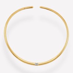 Trisolina Collar, Tubogas handcrafted in 18K Yellow Gold and Pavé Diamonds. Metal: Polished 18K yellow gold, Titanium and Silver inside spring Diamonds: 0.08ct This necklace measures 5mm thickness and comes in three sizes: Small: 107mm in diameter Medium: 117mm in diameter Large: 122mm in diameter Please note: Marina B ships internationally. If you would like to make a purchase outside of the United States, please contact us at info@marinab.com Fine Yellow Gold Diamond Cut Necklace, Formal Hallmarked Yellow Gold Diamond Necklace, Exquisite Yellow Gold Diamond Necklace For Formal Occasions, Luxury Yellow Gold Jewelry With Single Diamond, Formal Yellow Gold Diamond Necklace With Single Cut Diamonds, Formal Yellow Gold Jewelry With Single Diamond, Timeless Yellow Gold-plated Diamond Necklace, Timeless Yellow Gold Diamond Necklace With Polished Finish, Elegant Yellow Gold Diamond Necklace Hallmarked