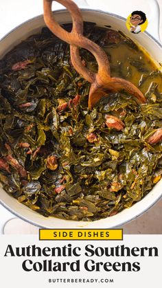 a pot filled with greens and other food items on top of a stove burner