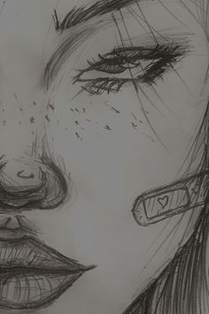 a pencil drawing of a woman's face with her eyes closed and lips open