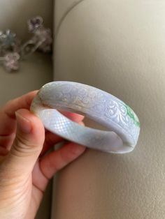 "🌈 Jade Bangle 53.0mm (2.09\"), Round Shape, Light Green & Light Lavender 🌷 Untreated Natural Jadeite/ Grade A Jade 🌷 Certified : Yes 🌷 Jade from Burma/ Myanmar 🌷 Shape : Round 🌷 Inner diameter : 53.0mm / 2.09\" 🌷 Width & Thickness : 14.5 x 7.7 mm 🌷 Color : Light Green & Light Lavender 🌷 Free standard shipping from Hong Kong with tracking included 🌷 Take approximately 7-21 days to arrive worldwide" Carved White Bracelet Jewelry, White Carved Bracelet Jewelry, White Carved Bracelet, White Carved Bracelets, White Carved Round Bracelet, White Carved Bangle Bracelet, Green Lavender, Burma Myanmar, Lavender Green