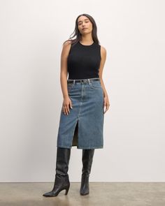 The Mid-Way Skirt Mid Blue – Everlane Stylish Work Outfits, Women Wedding Guest Dresses, Work Outfits, Men's Sweatpants, Midi Length, Work Outfit, Denim Skirt, Denim Jeans, Mid Rise